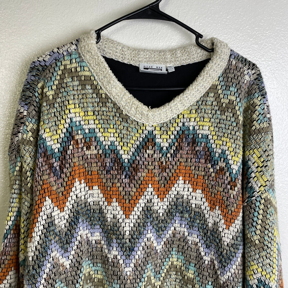 Vtg Allen Wah Colorful Sweater XL Mens Southwest Zig Zag Textured Knit Lined - Picture 3 of 12